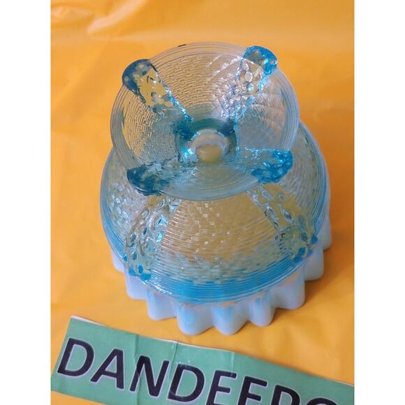 Vintage Northwood Button Panel Blue Opalescent Crimped Top Glass Candy Dish - Picture 11 of 11